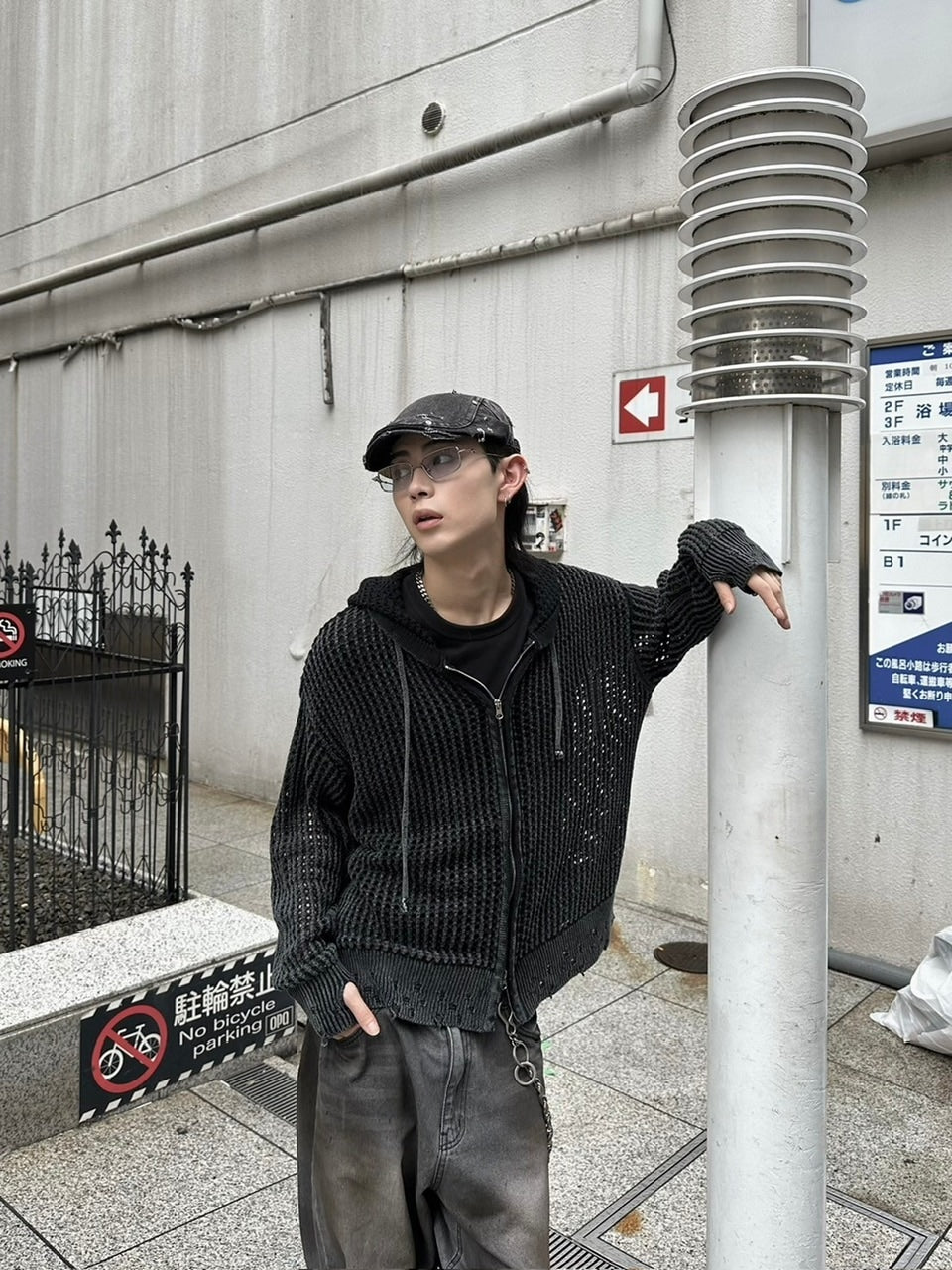 大阪店WEB限定受注制【Chikashitsu +】mesh zip damage hoodie (2color) / 【チカシツプラス】メッシュダメージジップアップ長袖パーカー