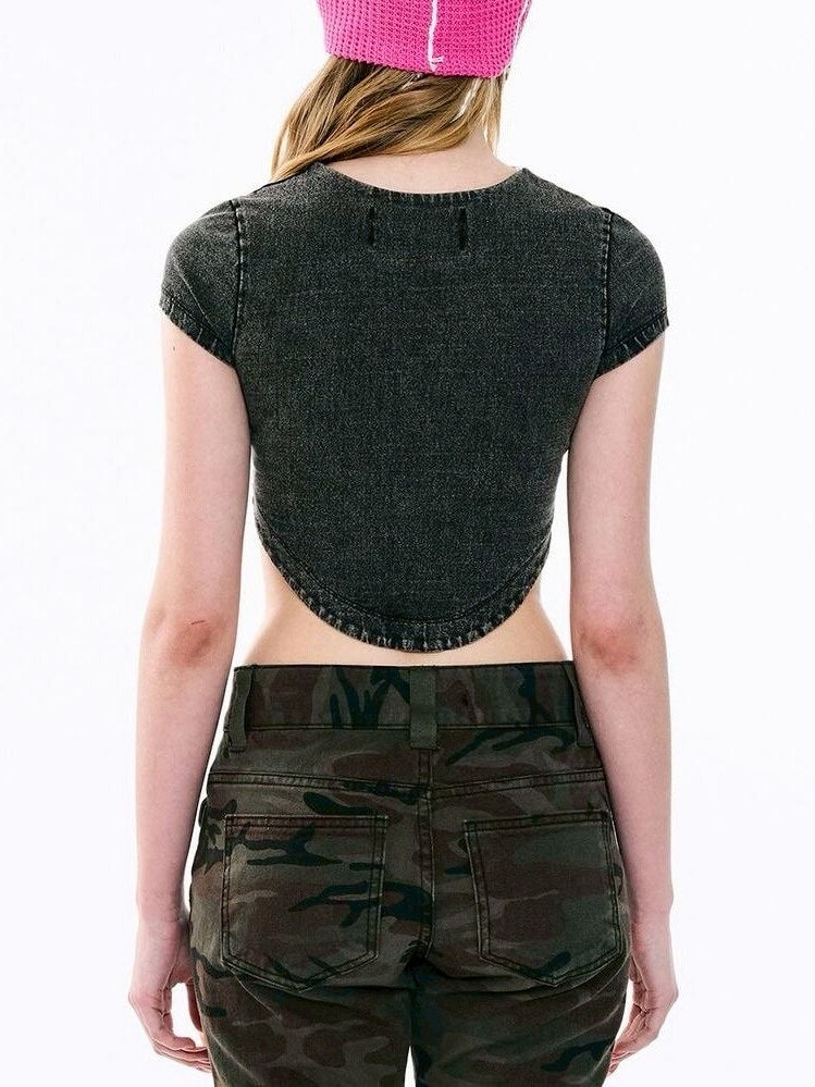 【ODDONEOUT】Washing denim Vneck top / 【オッドワンアウト】ウォッシングデニムVネック半袖Tトップス