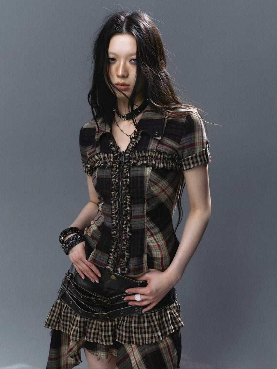 【Cest Nous】Lace Trim Plaid Shirt / 【セヌー】レースフリルチェックブラウス