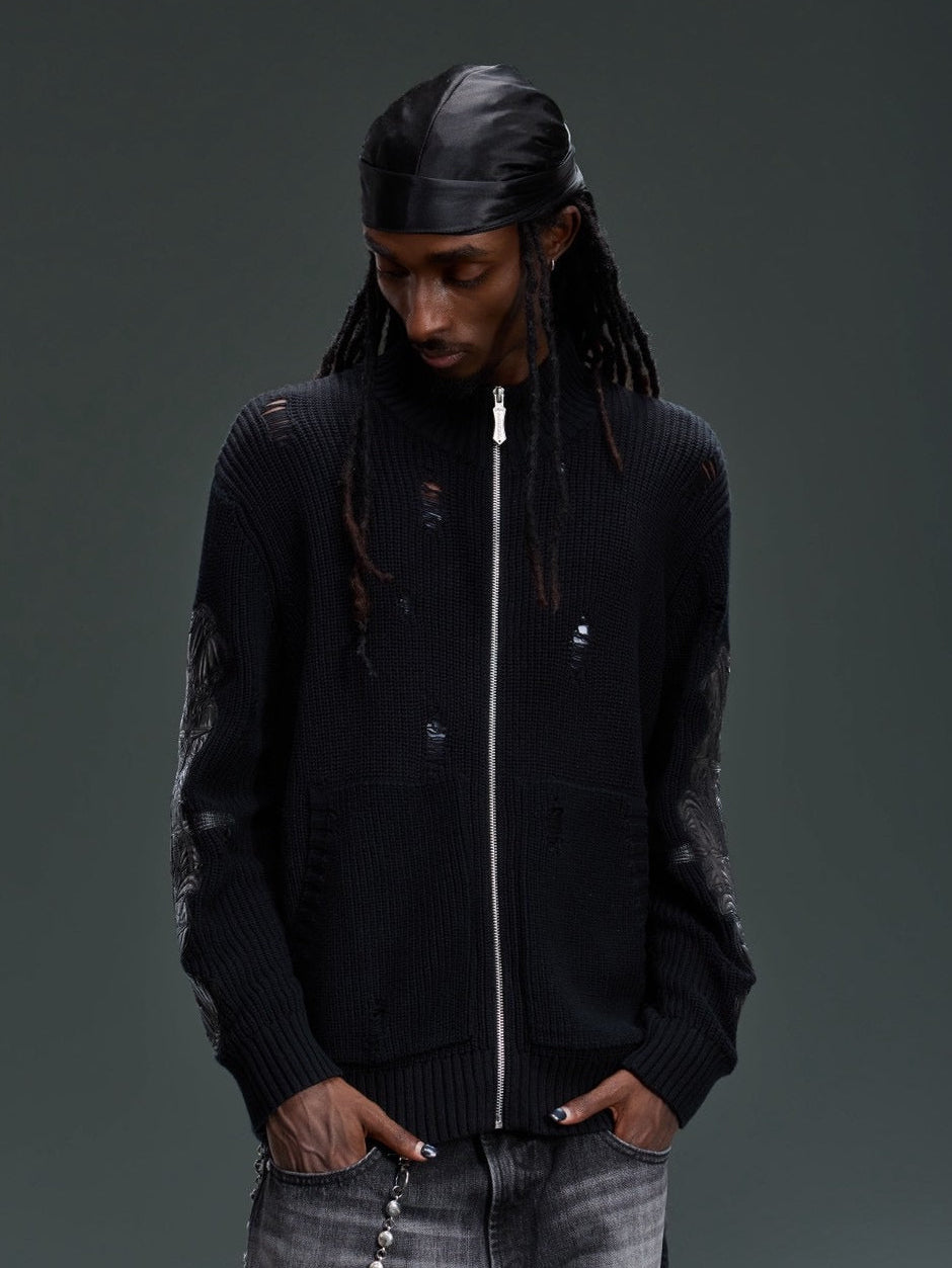 【The Boy Has No Patience】LEATHER PATCH DESTROYED ZIP SWEATER