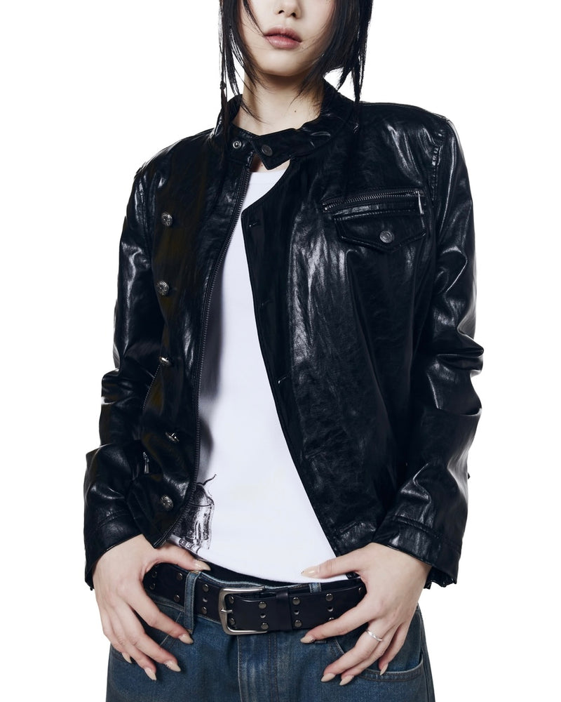 【AAKAM】Slant Studded Leather Jacket