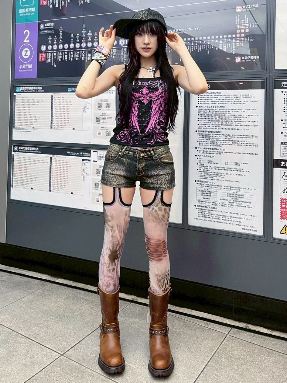 7/11 20:00発売　国際配送【BABY09】leopard back zip denim shorts
