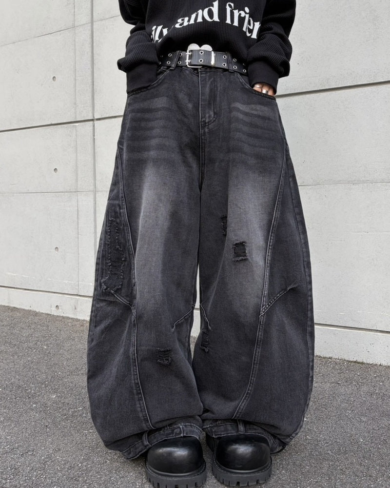 国際配送【LUV CODE】barrel leg damage denim pants