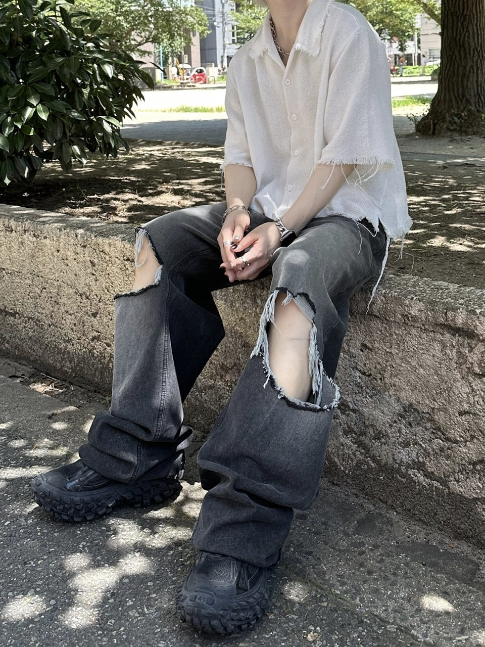 大阪店WEB限定【Chikashitsu +】vintage crash denim pants (2color)