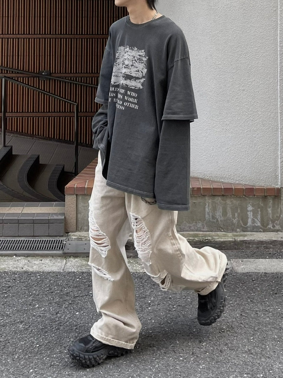 【Chikashitsu +】layered graphic long sleeve (2color) / 【チカシツプラス】レイヤードグラフィックプリント長袖Tシャツ