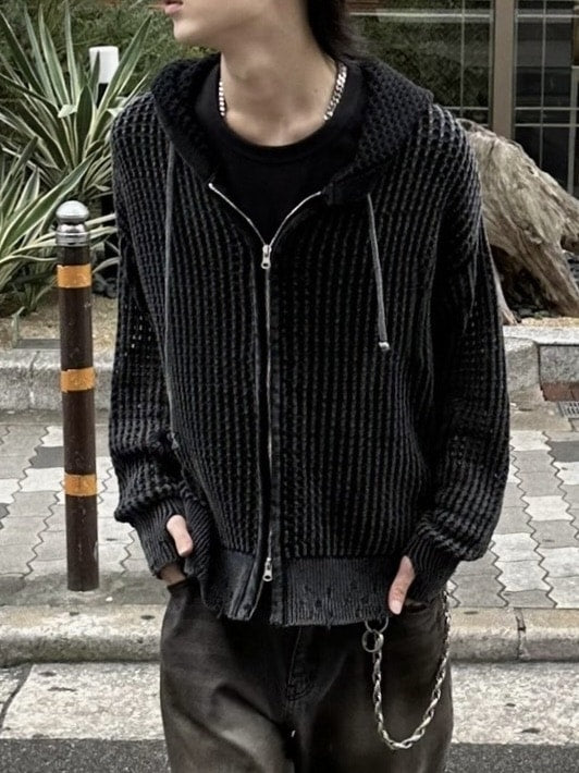 大阪店WEB限定受注制【Chikashitsu +】mesh zip damage hoodie (2color) / 【チカシツプラス】メッシュダメージジップアップ長袖パーカー