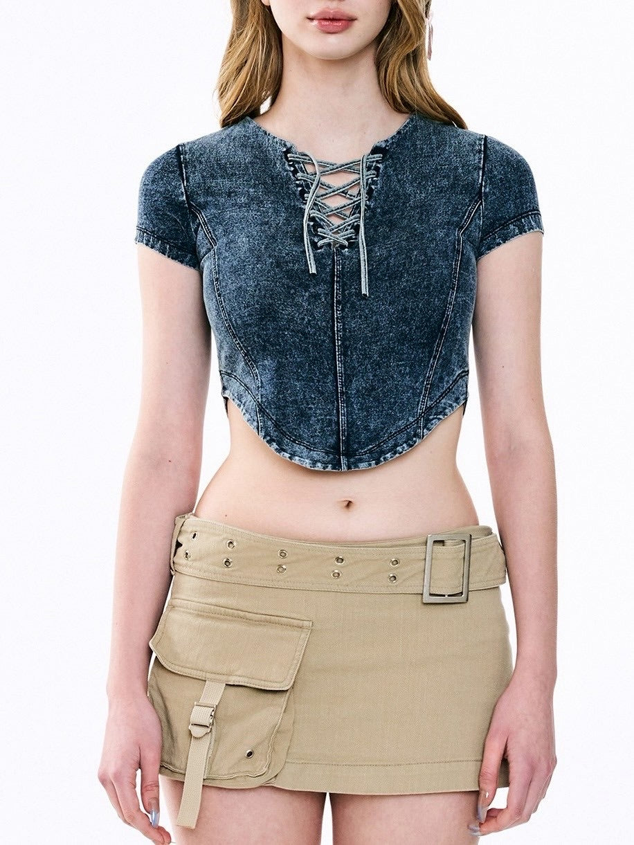 【ODDONEOUT】Washing denim Vneck top / 【オッドワンアウト】ウォッシングデニムVネック半袖Tトップス