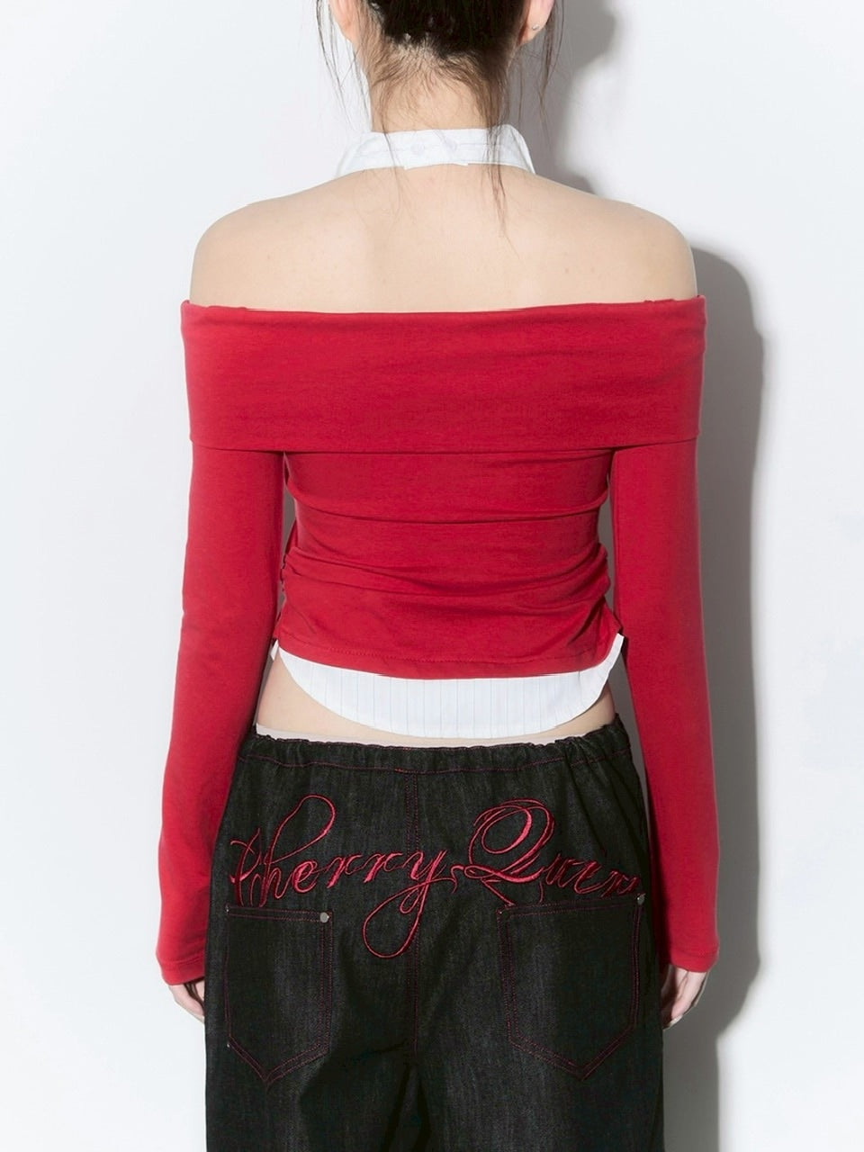 【CHERRYQUIRI】shirts layered off shoulder top