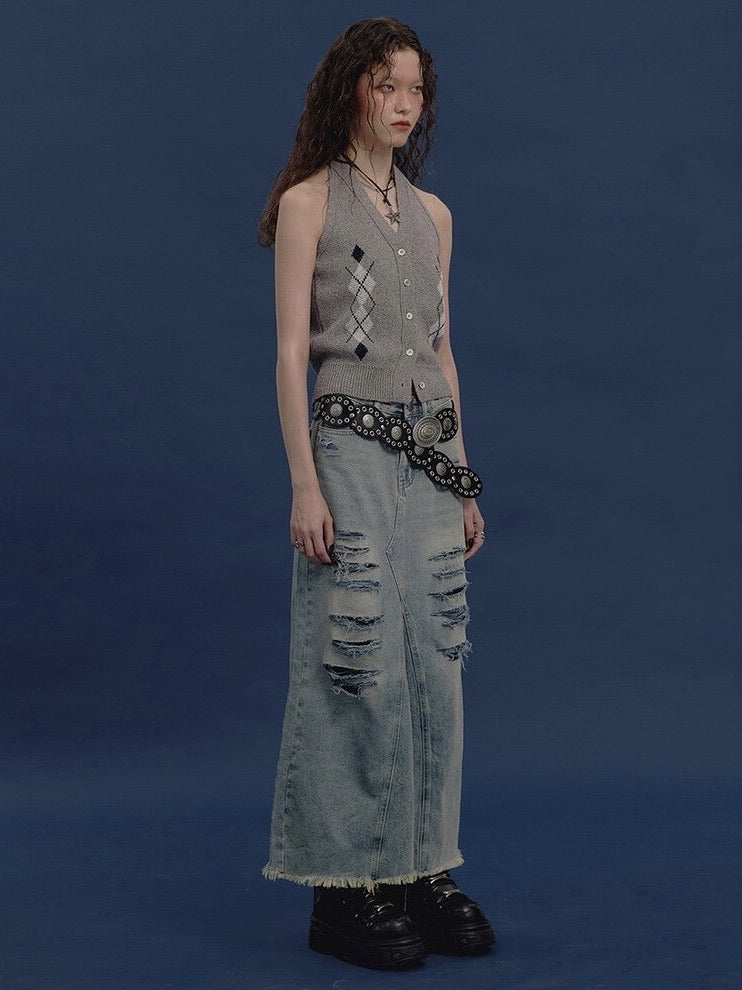 【NOT KNOWING】Argyle Linen Knit Halter Top / 【ノットノーイング】アーガイルリネンニットホルターベスト