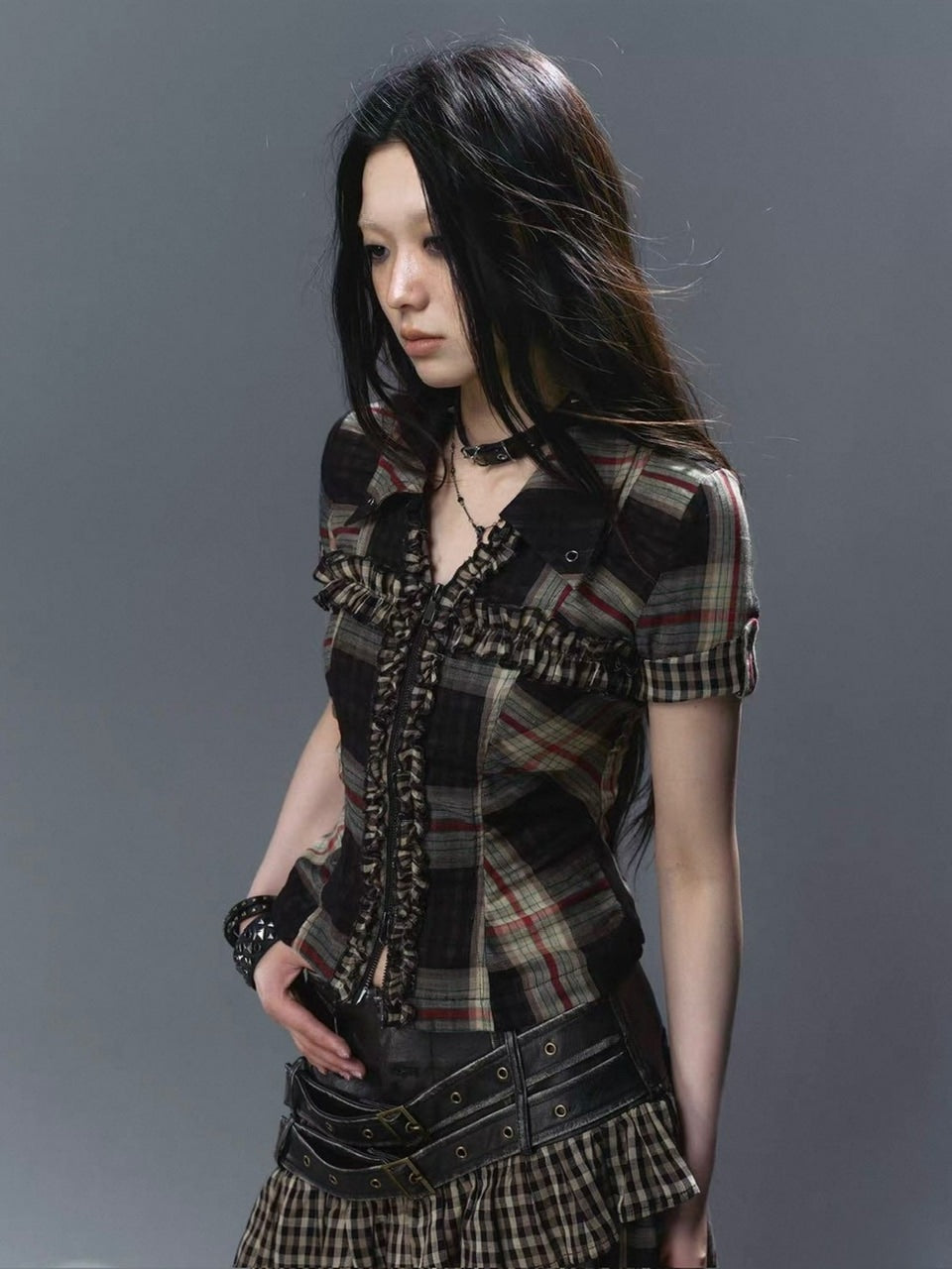 【Cest Nous】Lace Trim Plaid Shirt / 【セヌー】レースフリルチェックブラウス