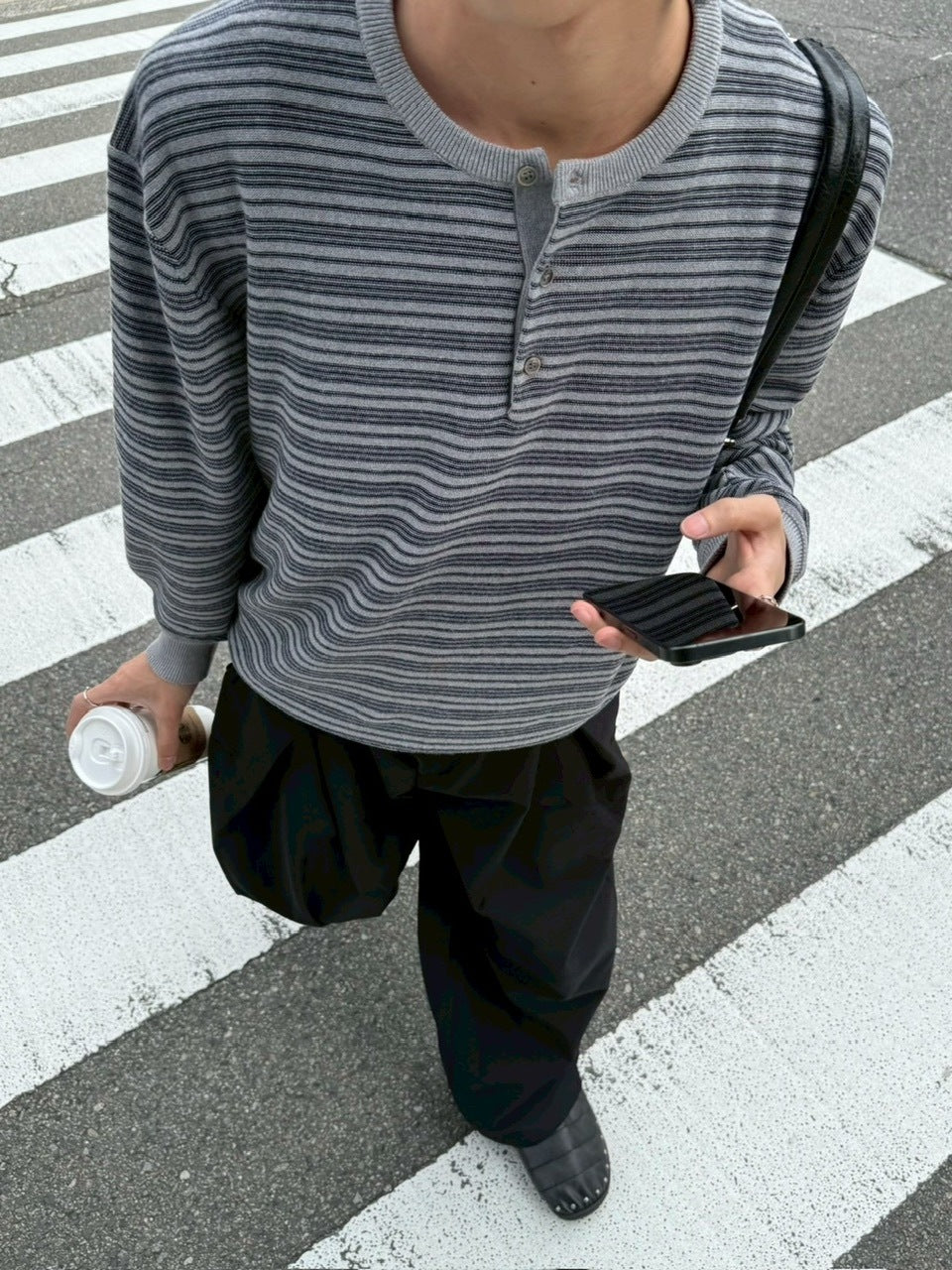 受注制【Chikashitsu +】cropped henry neck border knit / 【チカシツプラス】クロップドヘンリーネックボーダーニット (3color)