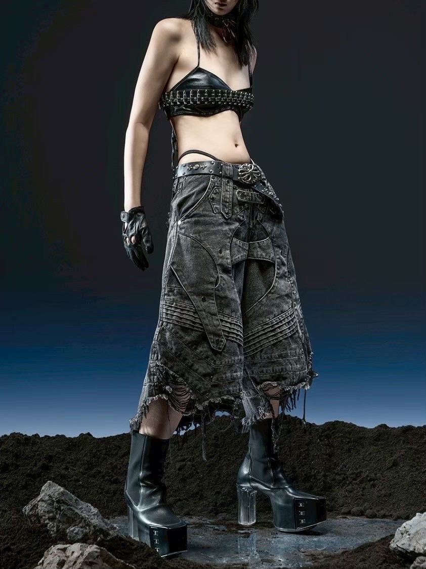 1/2 20:00再販【RICH】Knight Wide Waxed Short Pants/ 【リッチ】デザインデニムダメージハーフパンツ