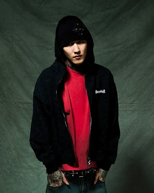 【SUPPLIER】Spray Cross Rhinestone Zip Hoodie