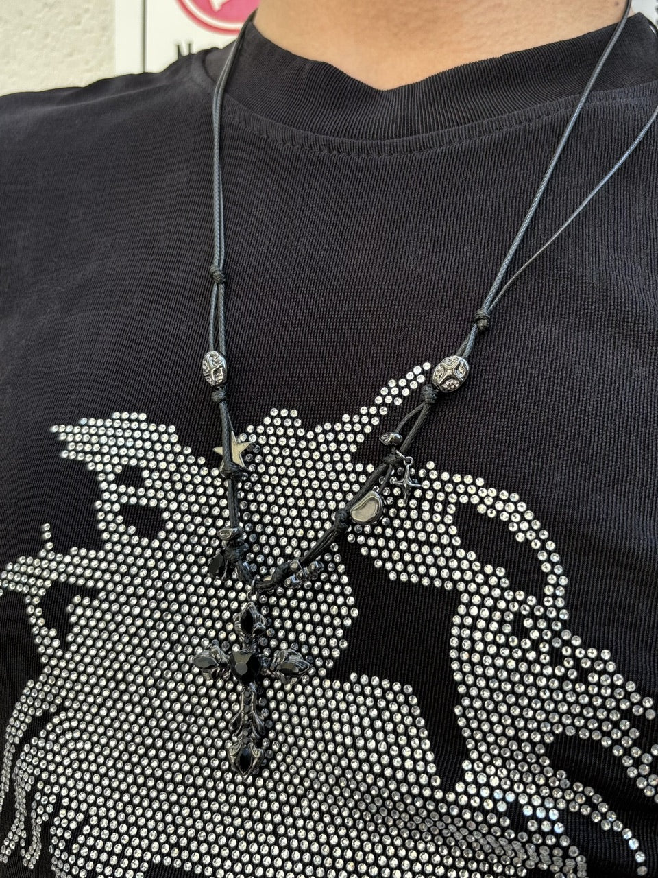 国際配送【Never mind the XU】stone cross cord necklace