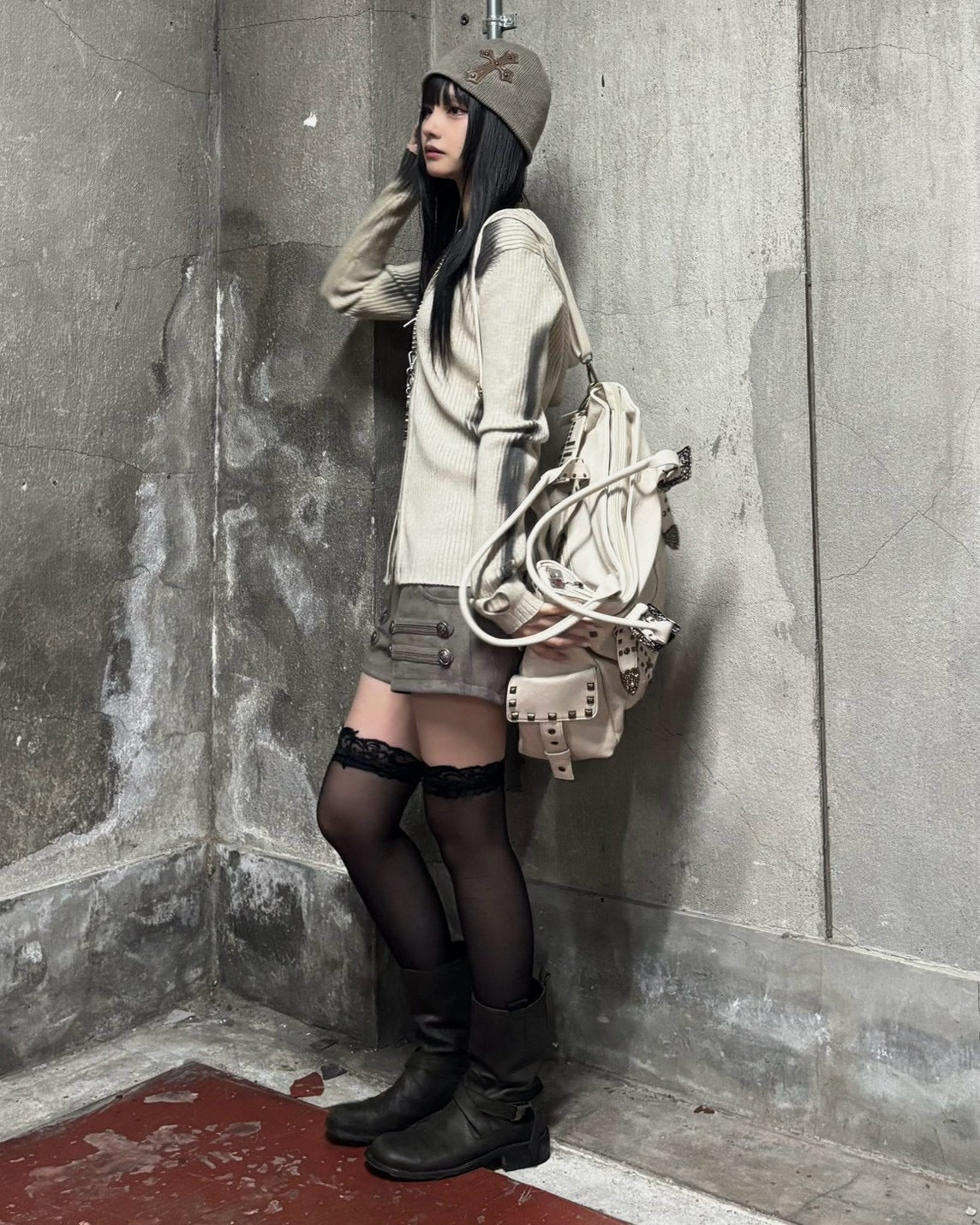 受注制【Never mind the XU】SPRAY WASH ZIP KNIT HOODIE (2color)