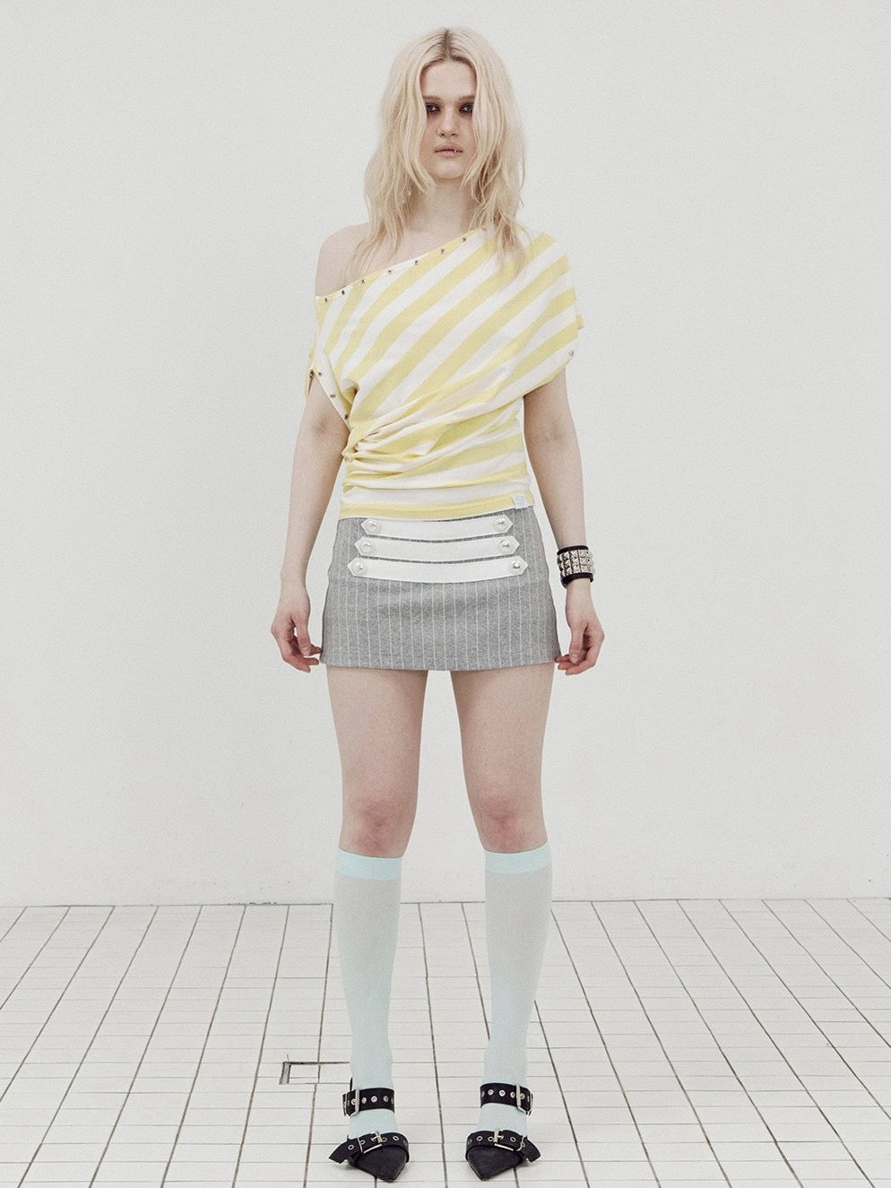 【SETUP-EXE】STRIPE EYELET DRAPE TOP