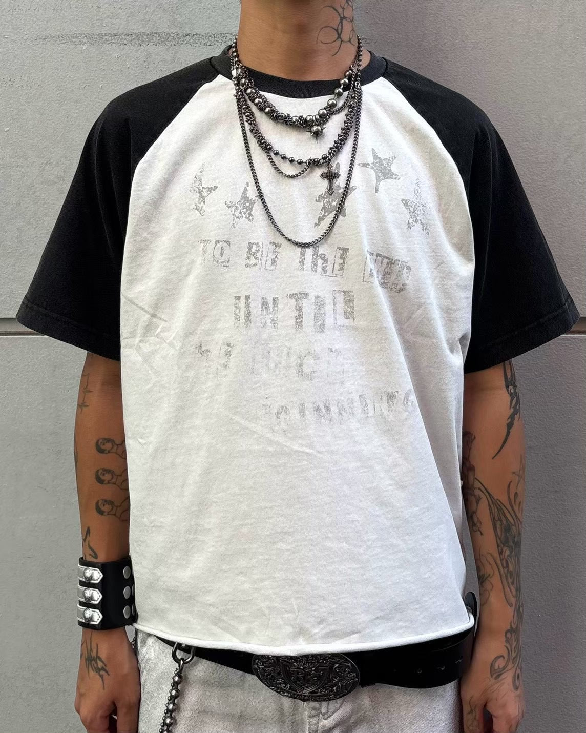 国際配送【Never mind the XU】star print raglan T-shirt (2color)
