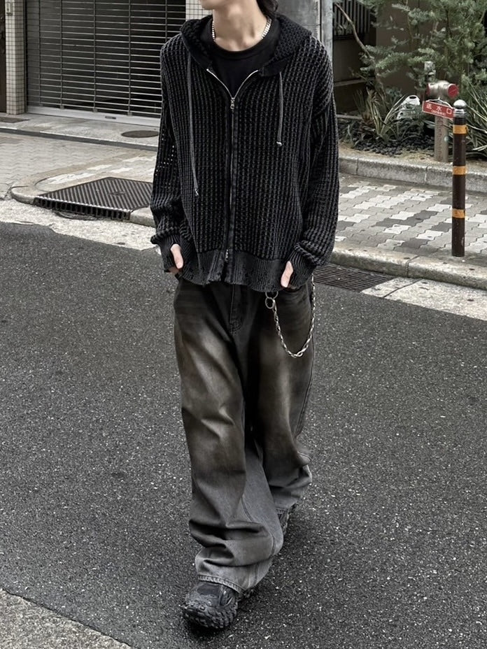 大阪店WEB限定受注制【Chikashitsu +】mesh zip damage hoodie (2color) / 【チカシツプラス】メッシュダメージジップアップ長袖パーカー