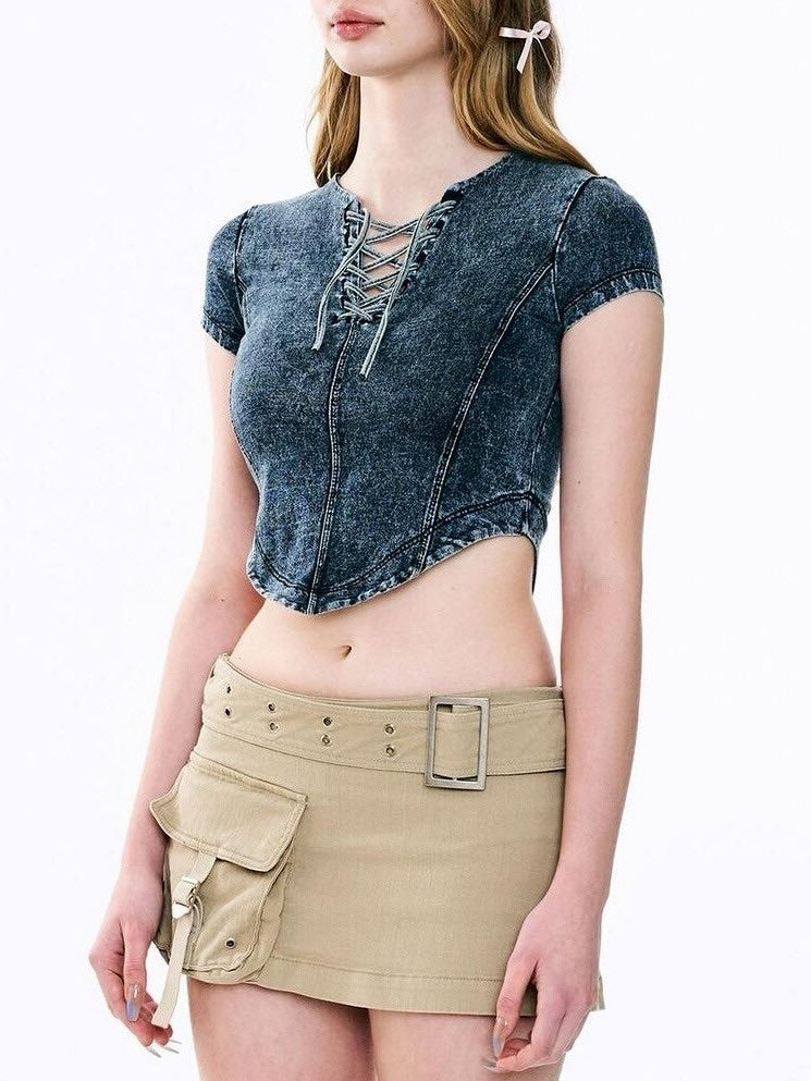 【ODDONEOUT】Washing denim Vneck top / 【オッドワンアウト】ウォッシングデニムVネック半袖Tトップス