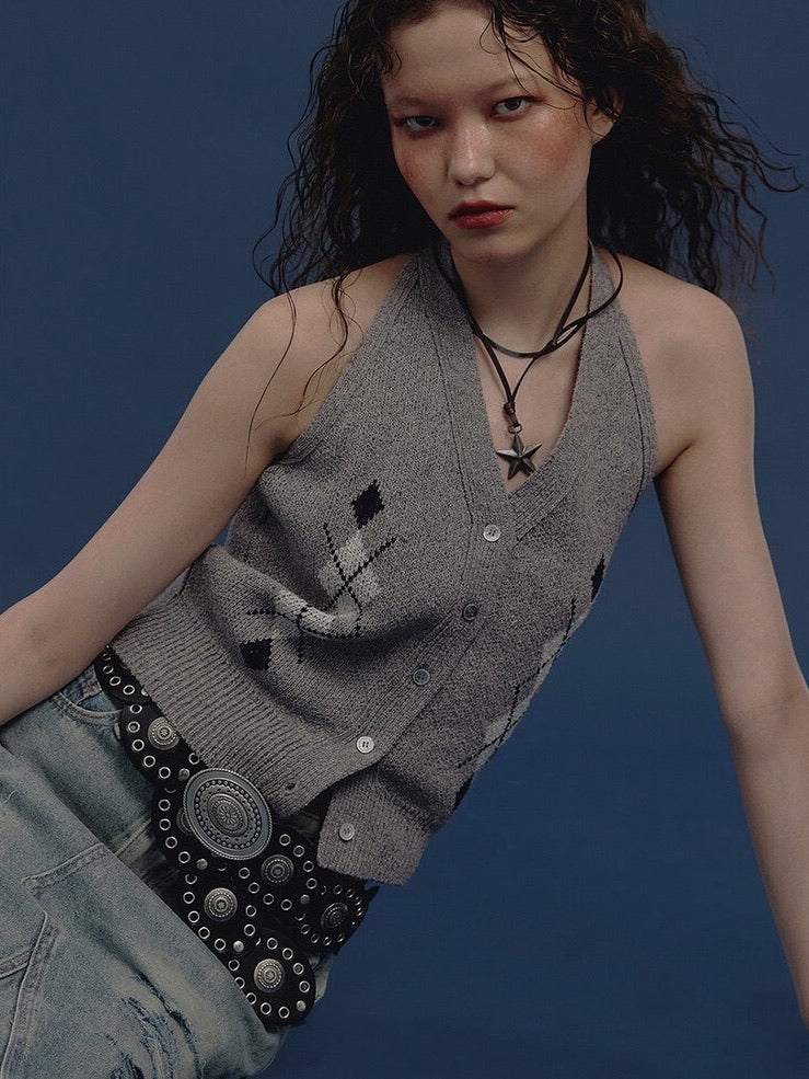 【NOT KNOWING】Argyle Linen Knit Halter Top / 【ノットノーイング】アーガイルリネンニットホルターベスト