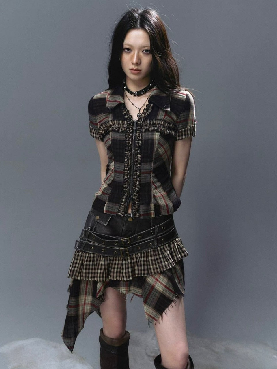 【Cest Nous】Lace Trim Plaid Shirt / 【セヌー】レースフリルチェックブラウス