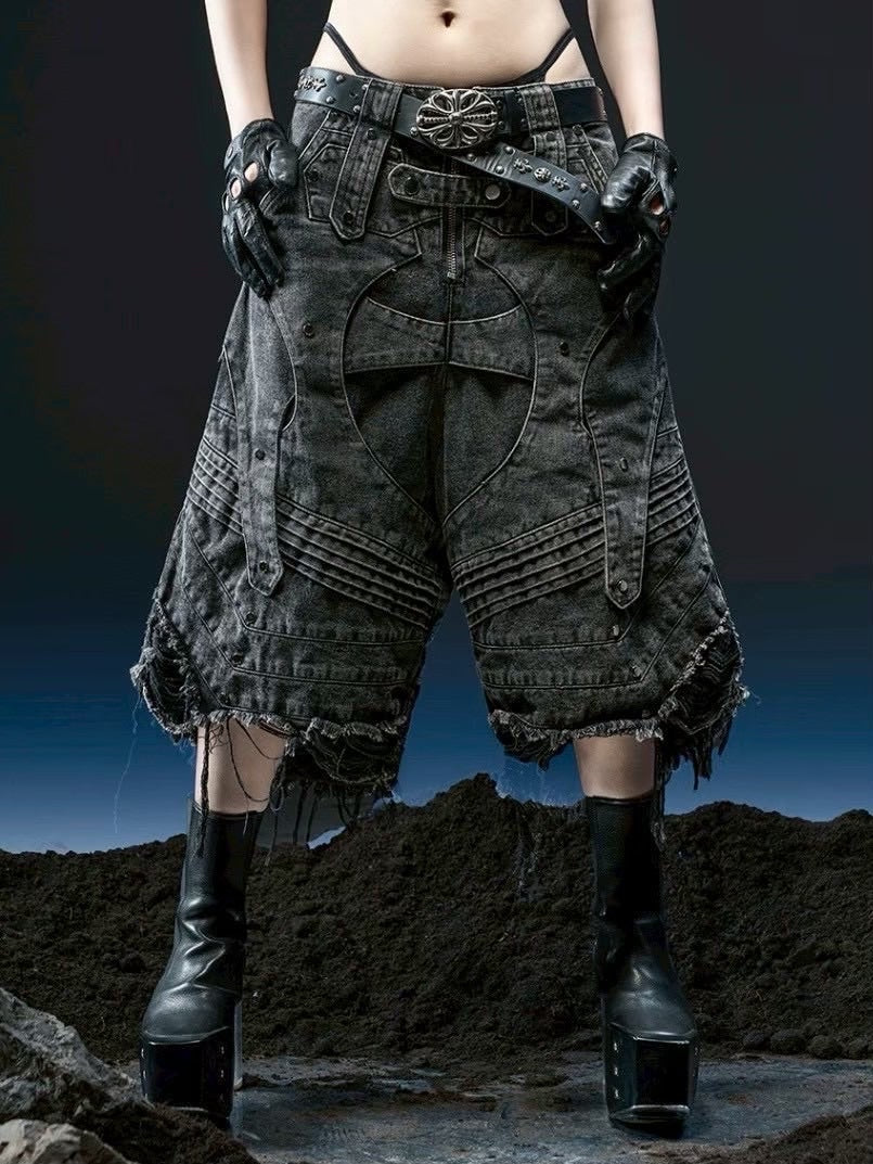 1/2 20:00再販【RICH】Knight Wide Waxed Short Pants/ 【リッチ】デザインデニムダメージハーフパンツ