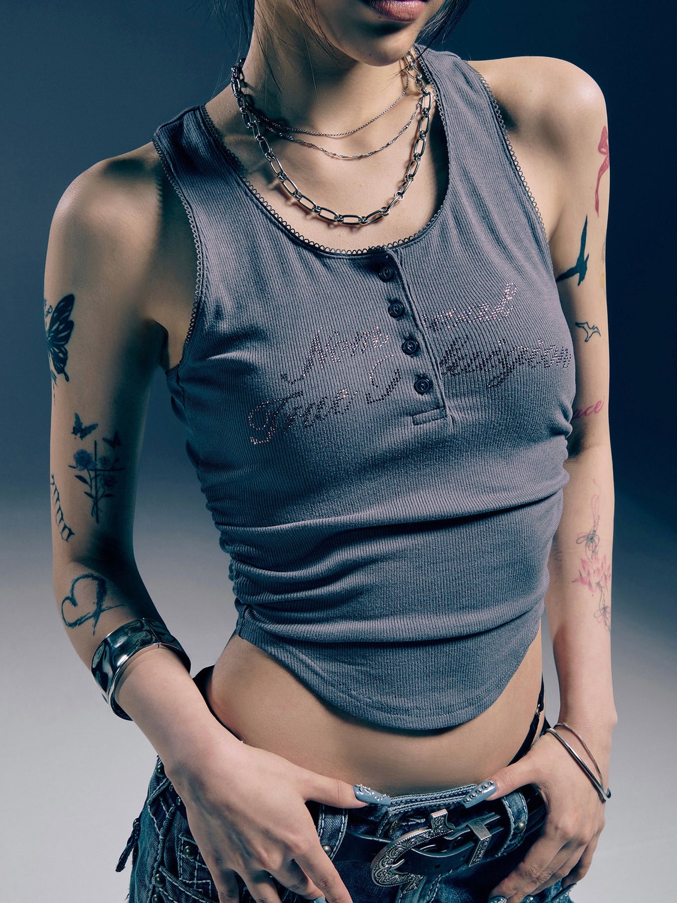【NOMANUAL×TRUE RELIGION】NO RELIGION SHIRRING SLEEVELESS TEE