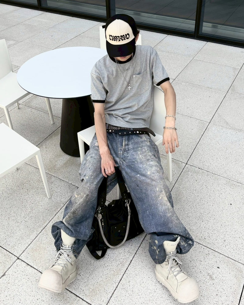 受注制【nmtc+】Washed Rivet Pocket Crop Slim Fit Tee (2color)