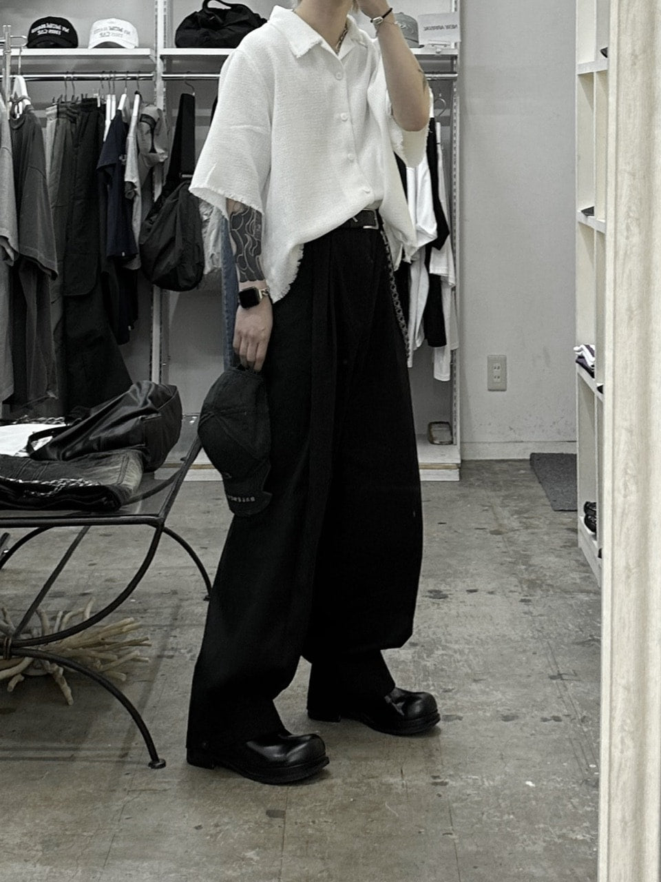 大阪店WEB限定受注制【Chikashitsu +】tweed cropped shirt (2color)