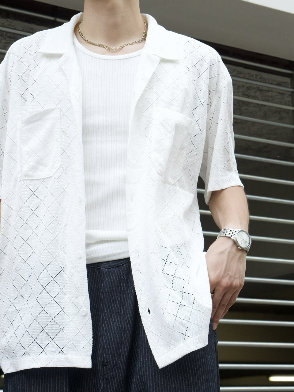 東京店WEB限定受注制【Chikashitsu +】argyle knit open color shirt (3color)