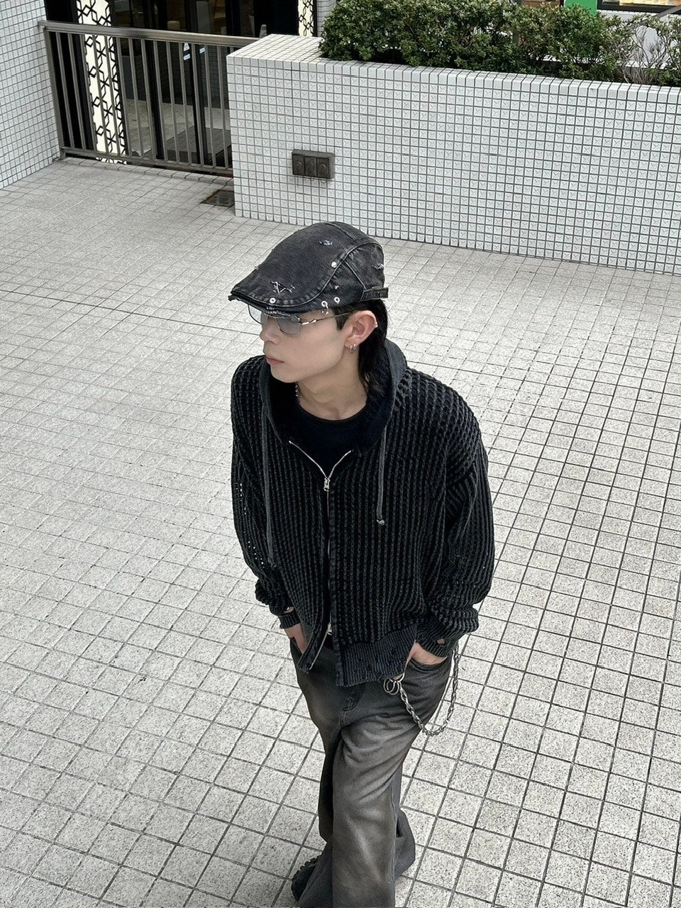 大阪店WEB限定受注制【Chikashitsu +】mesh zip damage hoodie (2color) / 【チカシツプラス】メッシュダメージジップアップ長袖パーカー