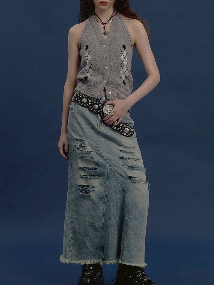 【NOT KNOWING】Argyle Linen Knit Halter Top / 【ノットノーイング】アーガイルリネンニットホルターベスト