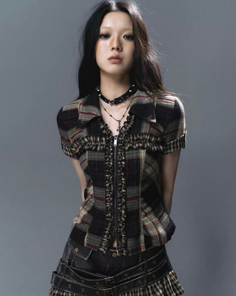 【Cest Nous】Lace Trim Plaid Shirt / 【セヌー】レースフリルチェックブラウス