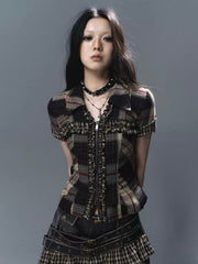 【Cest Nous】Lace Trim Plaid Shirt / 【セヌー】レースフリルチェックブラウス