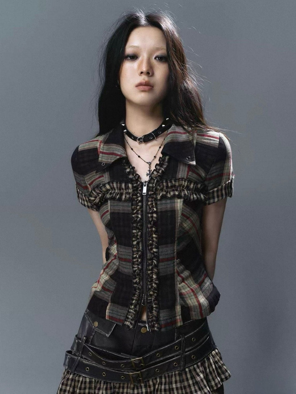 【Cest Nous】Lace Trim Plaid Shirt / 【セヌー】レースフリルチェックブラウス