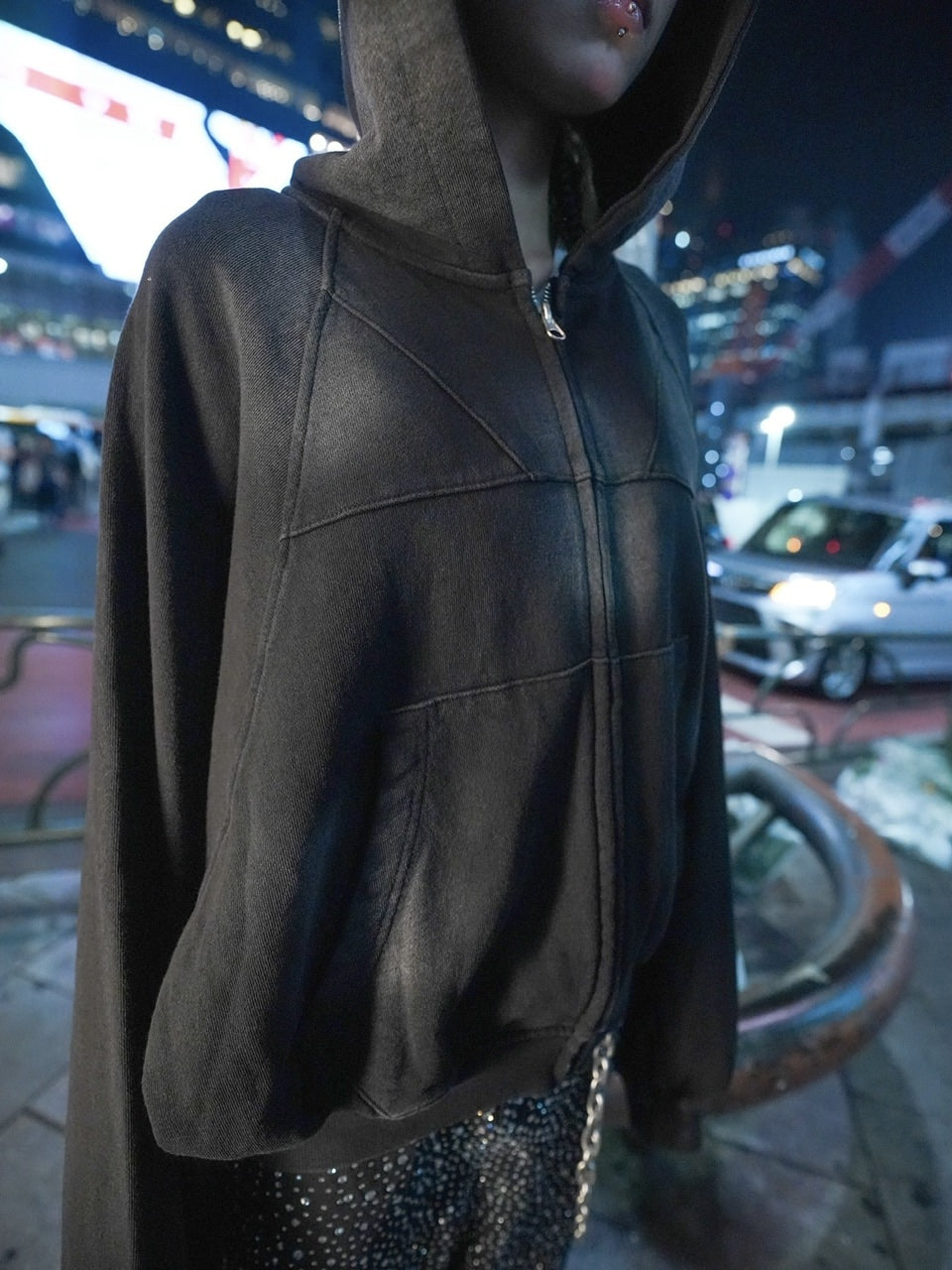 【NMTXU】rhinestone design zip parka / 【エヌエムティーエックスユー】ラインストーンデザインダブルジップパーカー