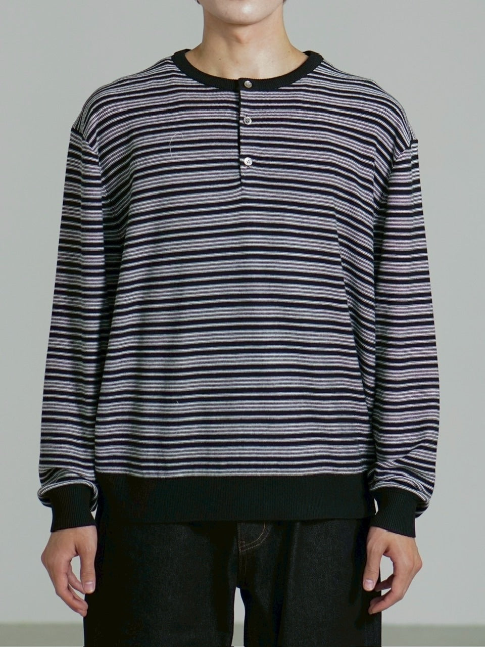 受注制【Chikashitsu +】cropped henry neck border knit