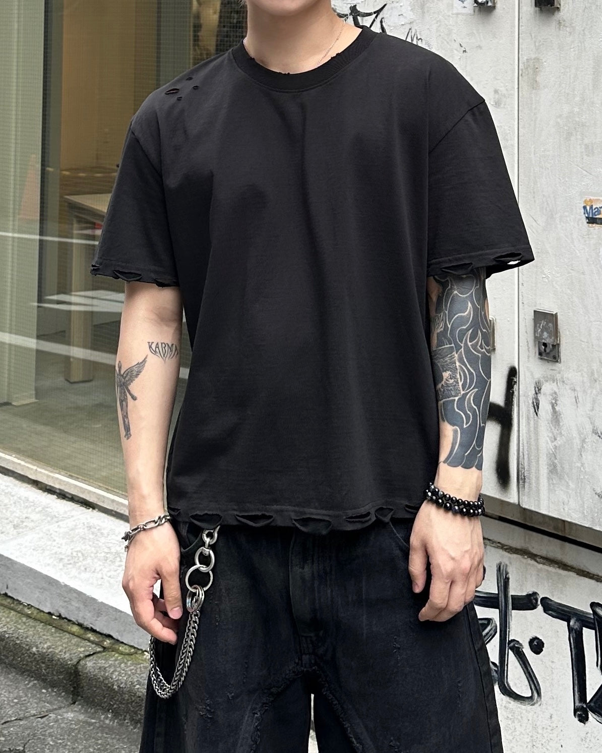大阪店WEB限定受注制【Chikashitsu +】grunge damage crop t-shirt (3color)