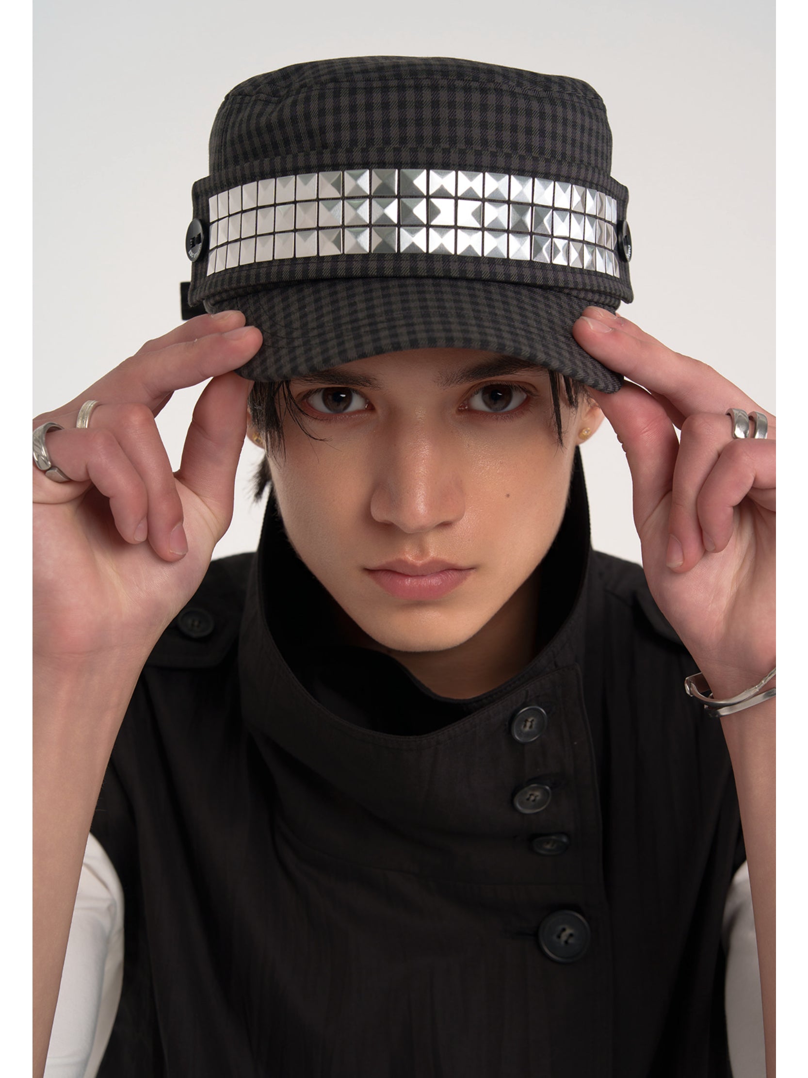 【ESC STUDIO】Studded Plaid patch military cap