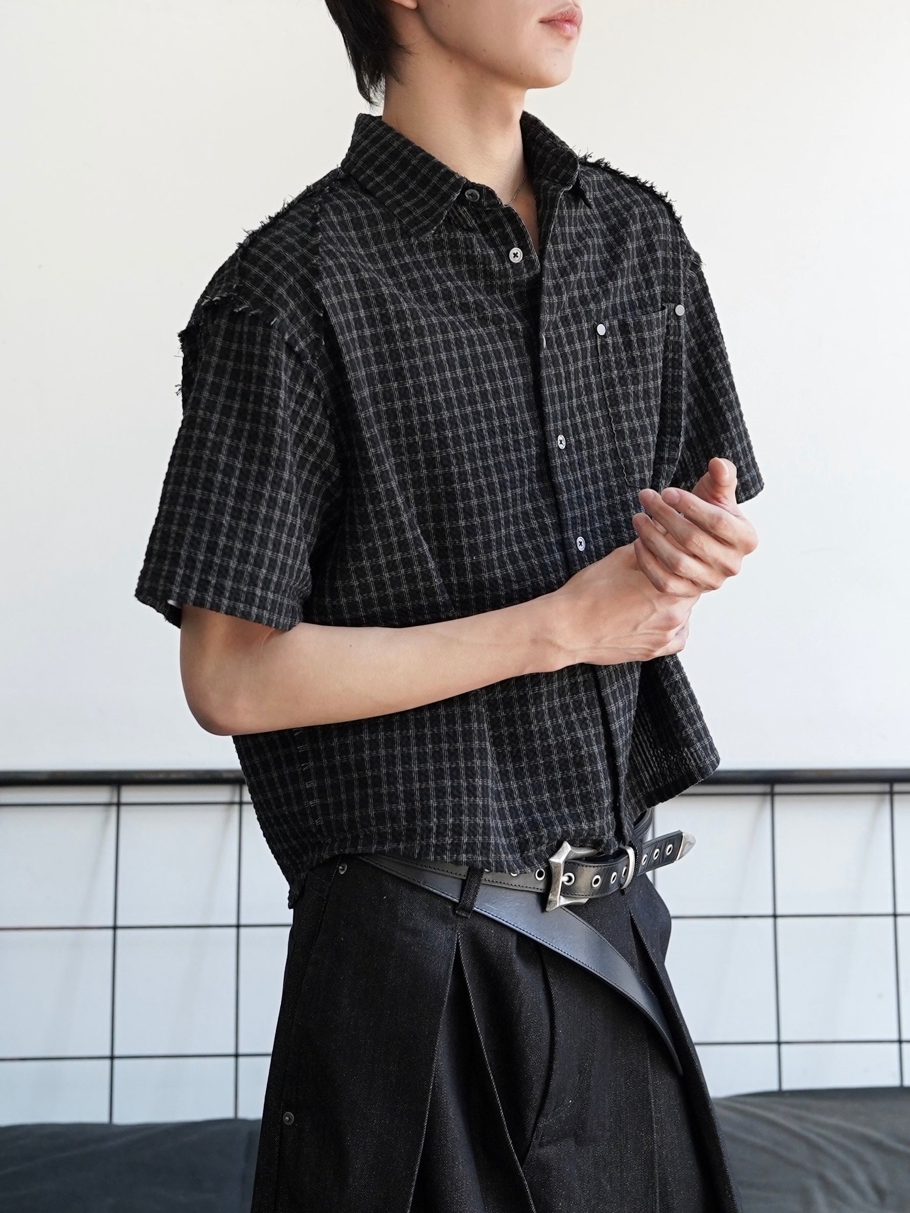 5/23 20:00発売【CHIKASHITSU PLUS HIGH】Raw edge seersucker check shirt