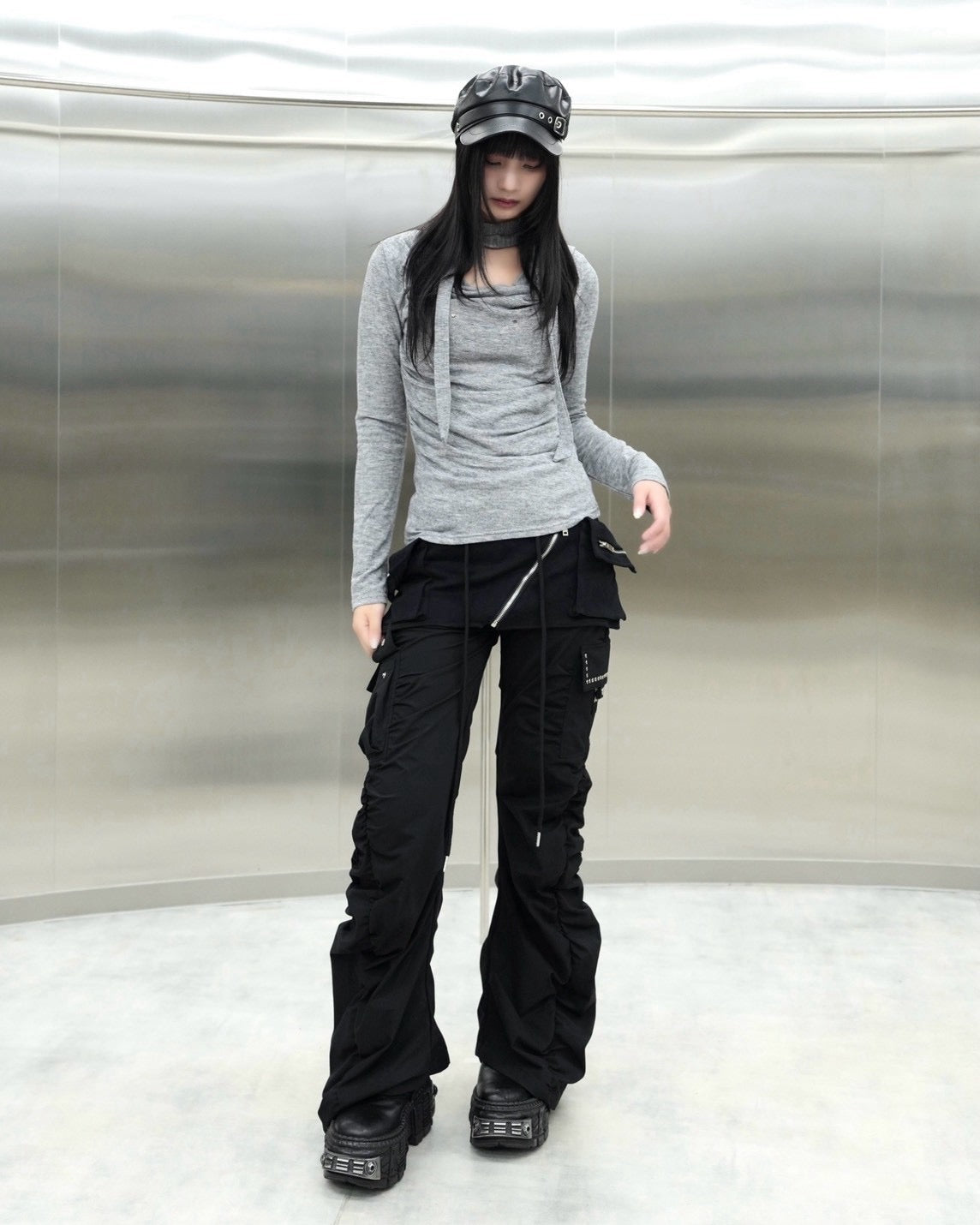 受注制【Never mind the XU】Draped ruched tie set top (4color)