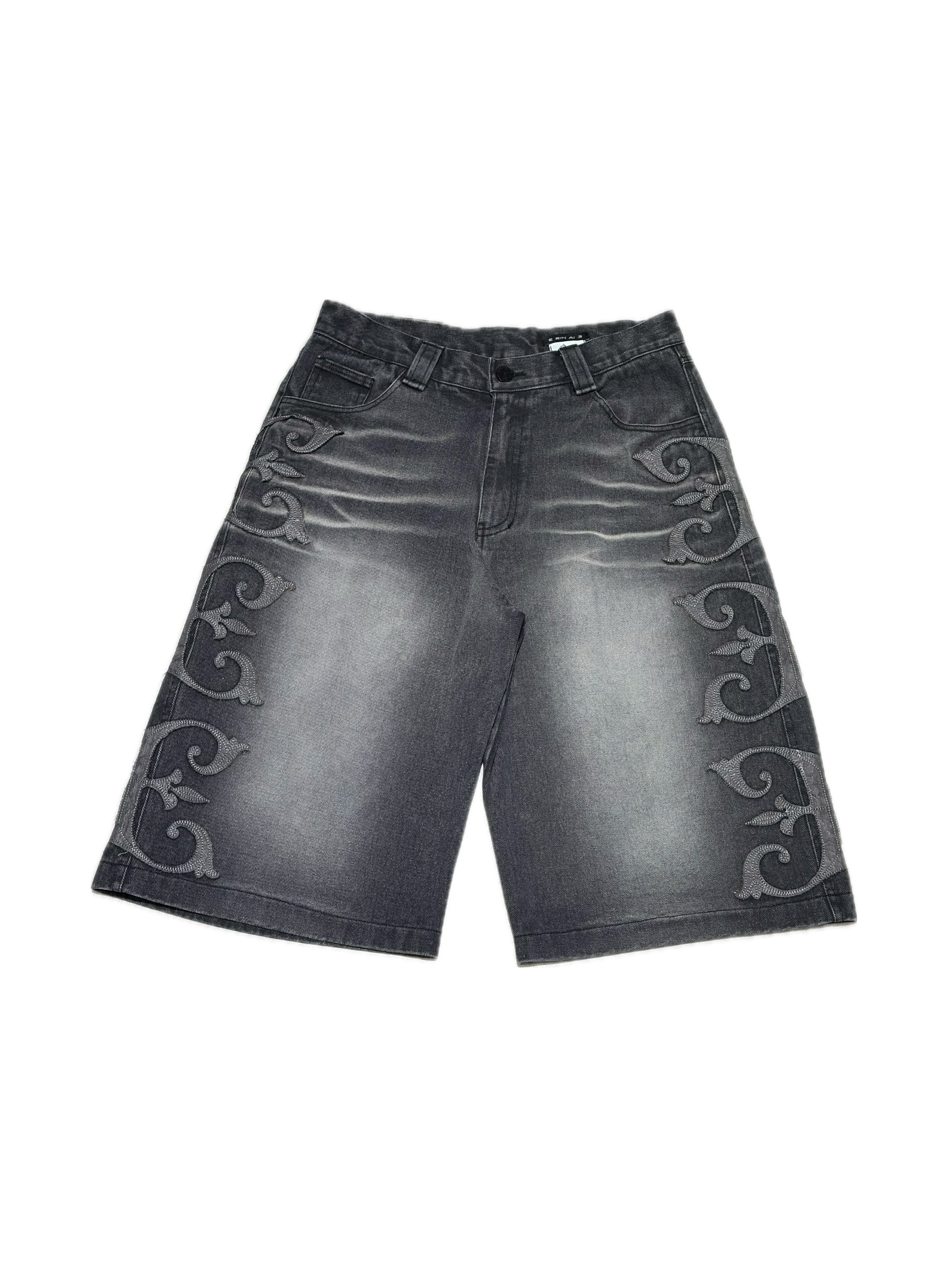 【E RIN AI E】WHISKER LEATHER EMBRO E DENIM BERMUDA PANTS