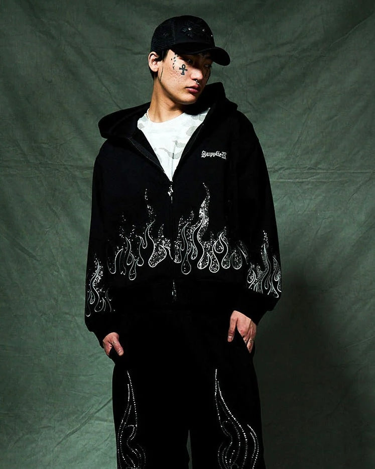 【SUPPLIER】Fire Pattern Rhinestone Zip Hoodie
