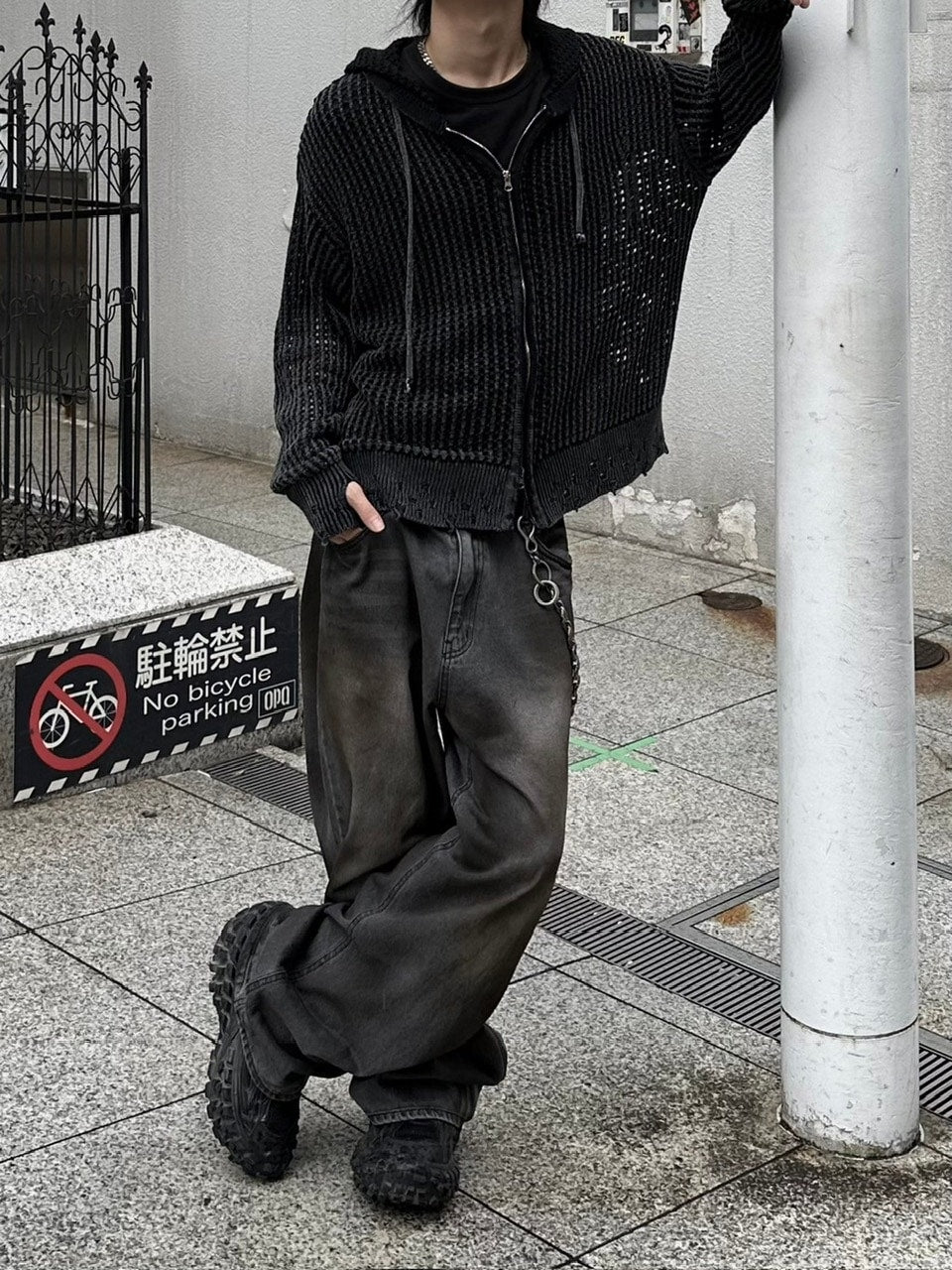 大阪店WEB限定受注制【Chikashitsu +】mesh zip damage hoodie (2color) / 【チカシツプラス】メッシュダメージジップアップ長袖パーカー