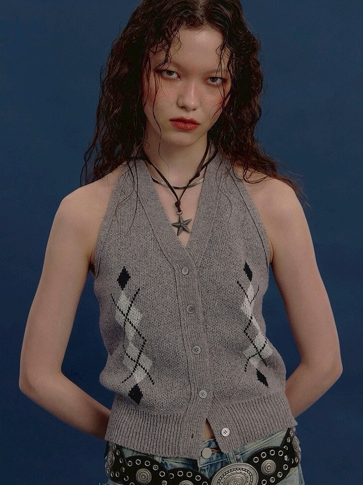 【NOT KNOWING】Argyle Linen Knit Halter Top / 【ノットノーイング】アーガイルリネンニットホルターベスト