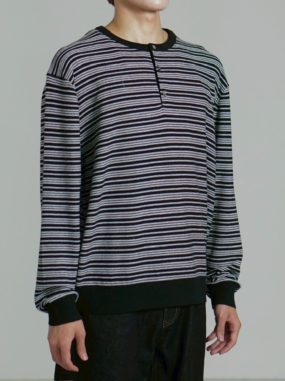 受注制【Chikashitsu +】cropped henry neck border knit / 【チカシツプラス】クロップドヘンリーネックボーダーニット (3color)