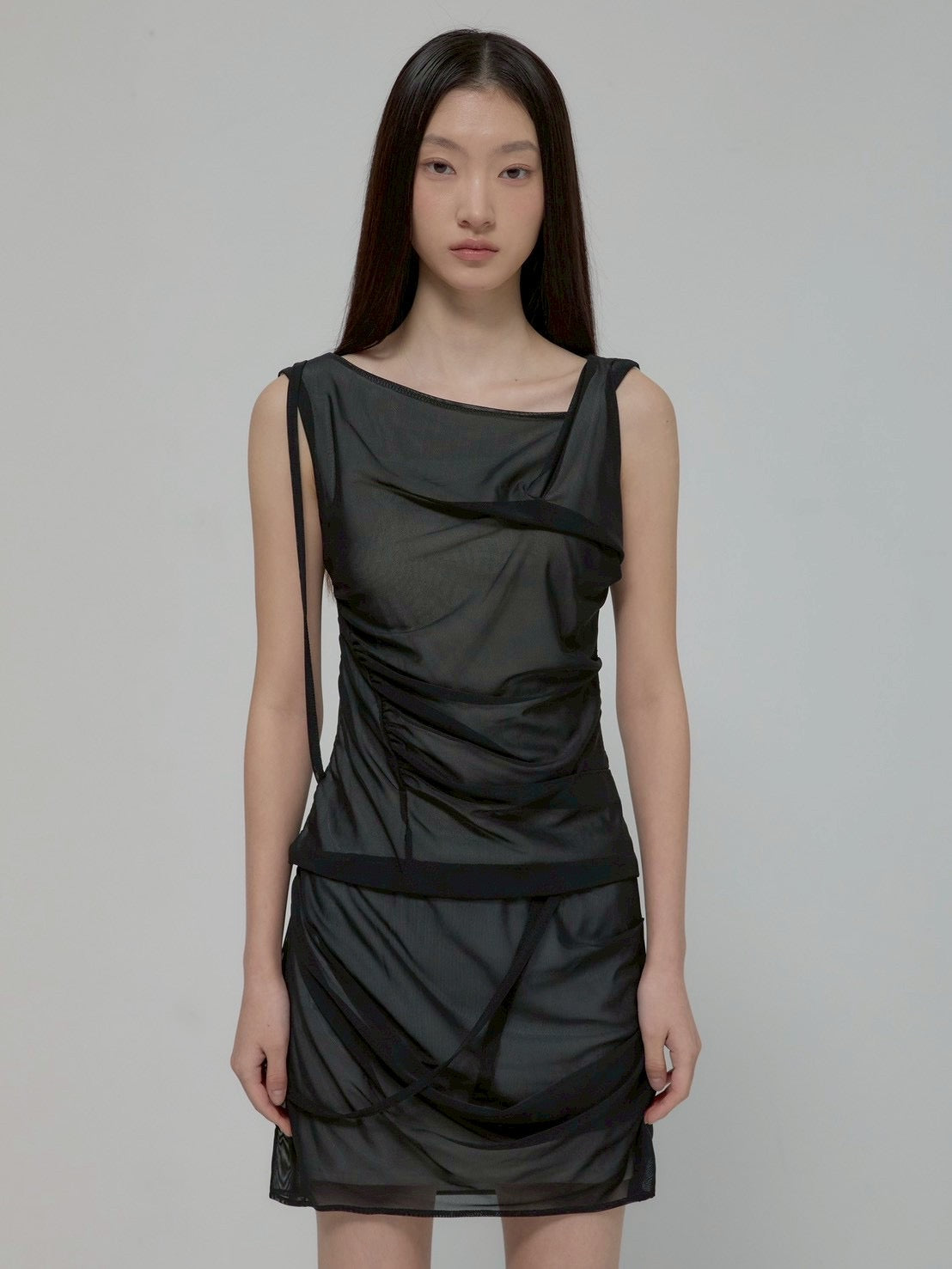 6/22 21:00発売【FLAREUP】Draped Mesh Layered Mini Skirt