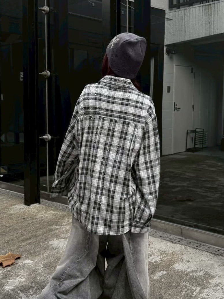 【Never mind the XU】rhinestone check shirt (2color)