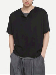 【DNSR】Layered Henley Neck T-Shirt