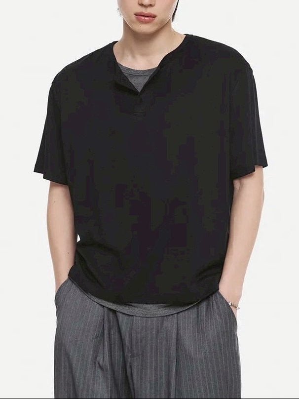 【DNSR】Layered Henley Neck T-Shirt